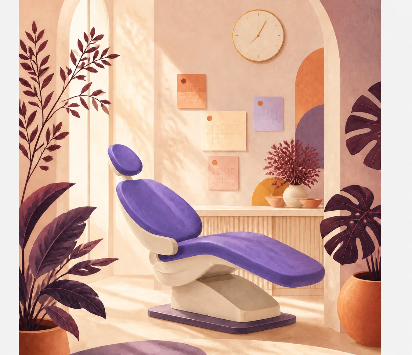 Warm editorial illustration of a violet dental chair in a cream and terracotta operatory